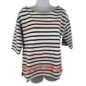 J. Crew Navy Blue & Off White Striped Elbow Length Tee with Embroidery Large